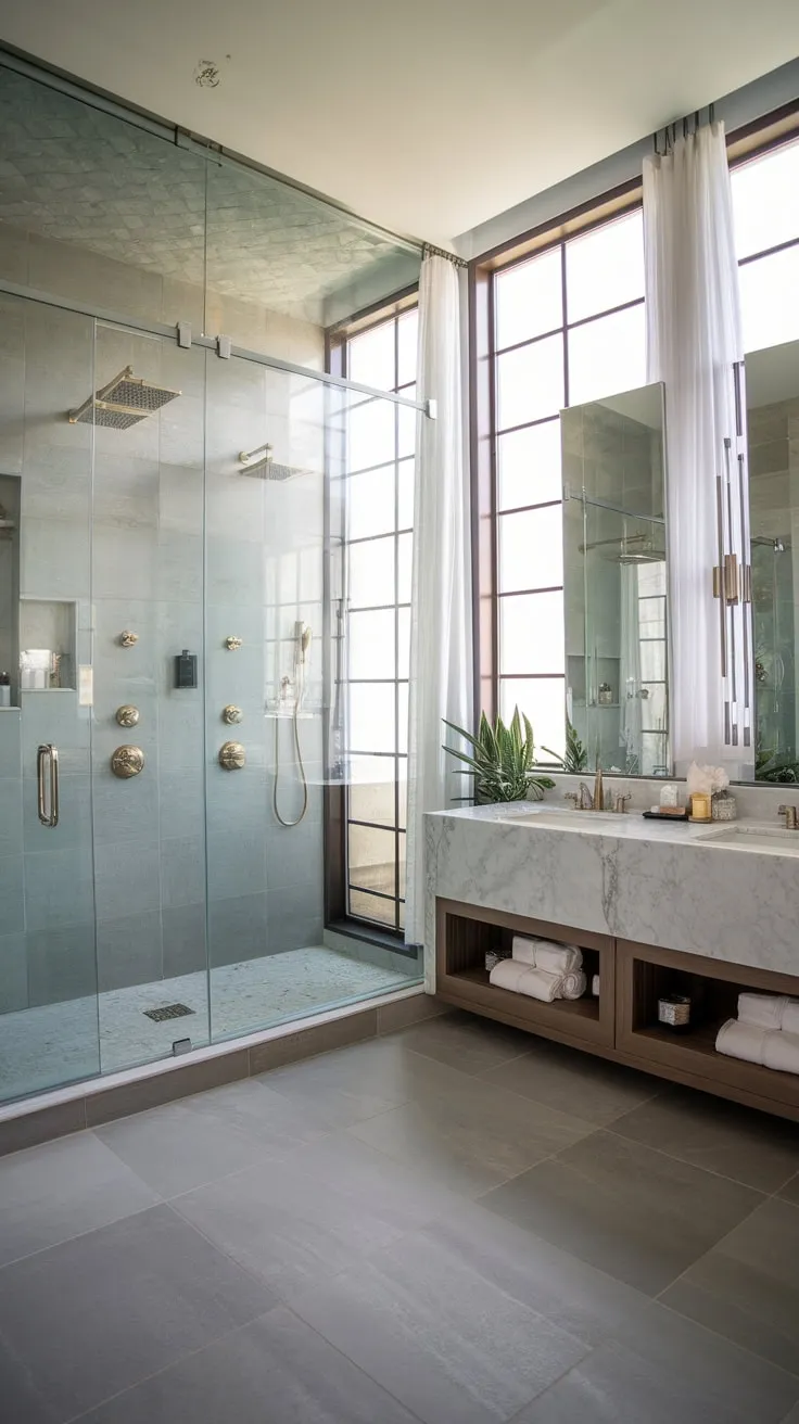 Gray-tiled floors, abundant natural light, and stylish accents create an opulent and serene bathing experience.