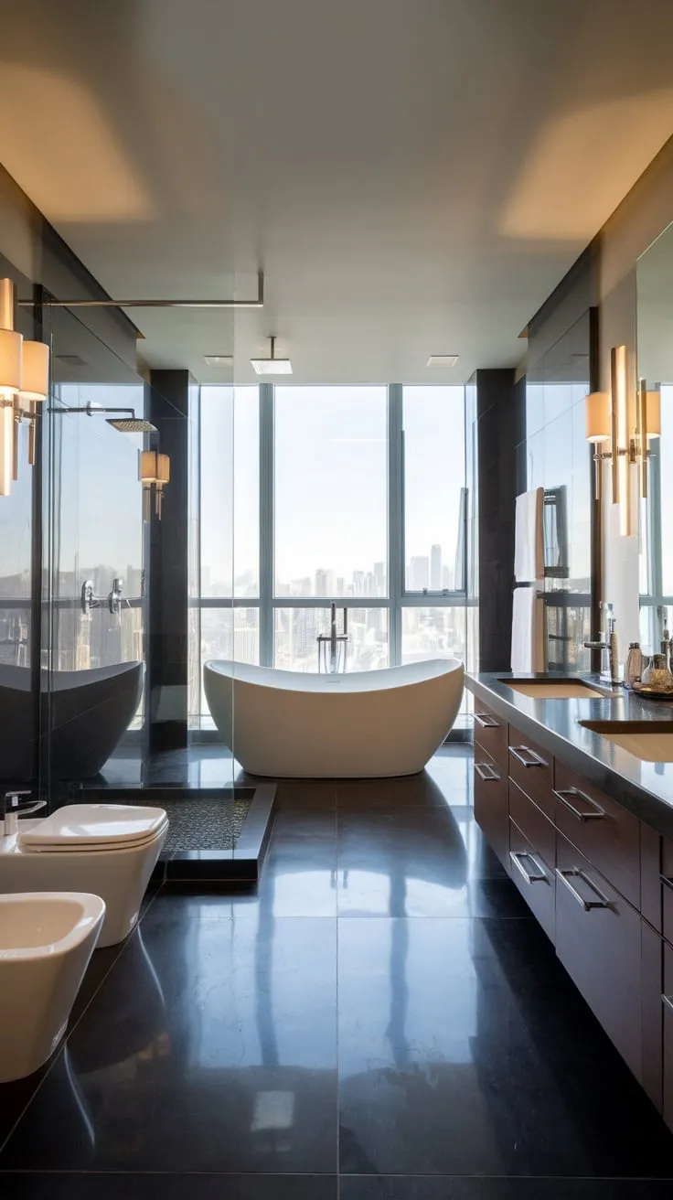 A sleek modern bathroom boasts a freestanding tub overlooking a city skyline, rainfall shower, double vanity, and polished black tile floors.