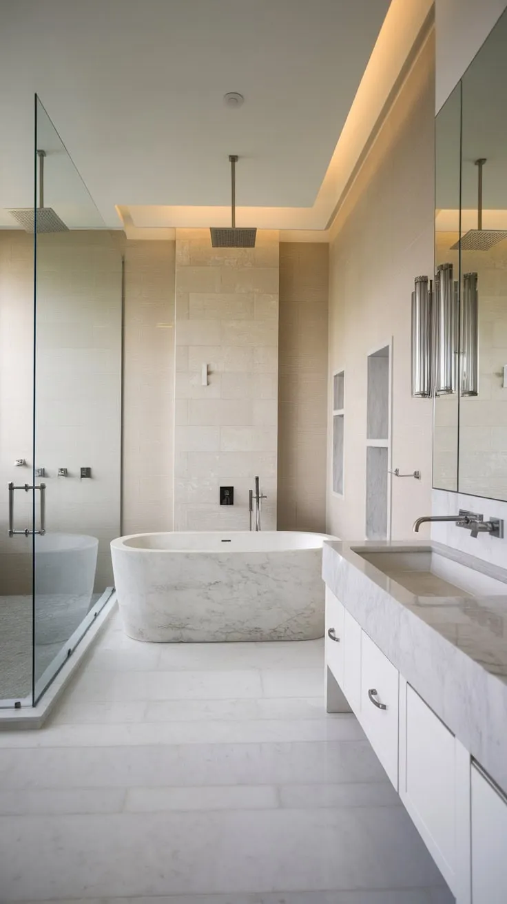 Sleek design and premium materials define this luxurious bathroom oasis, complete with a rainfall shower and marble accents.