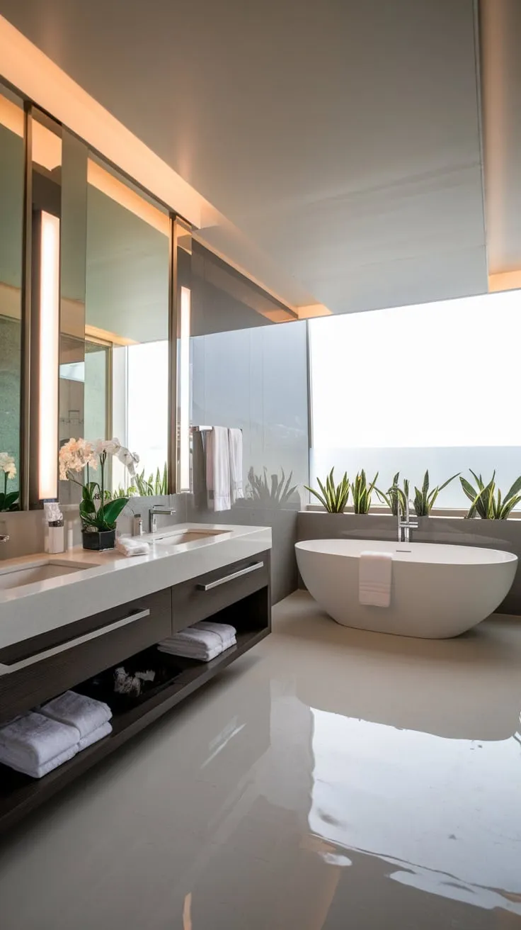 Soft light illuminates a sleek modern bathroom featuring a double vanity, freestanding tub, and calming greenery.