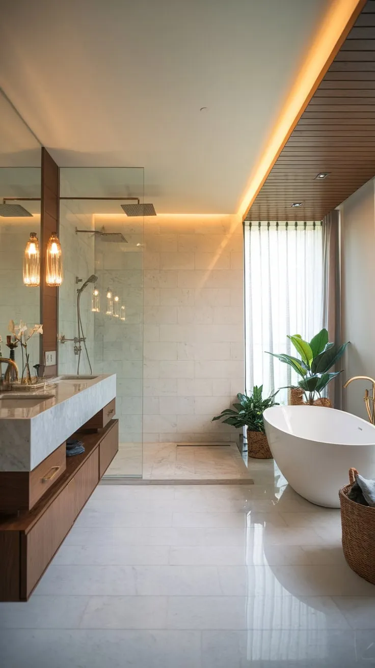 Indulge in a spa-like retreat with this modern luxury bathroom featuring a rain shower, freestanding tub, and warm, inviting design elements.