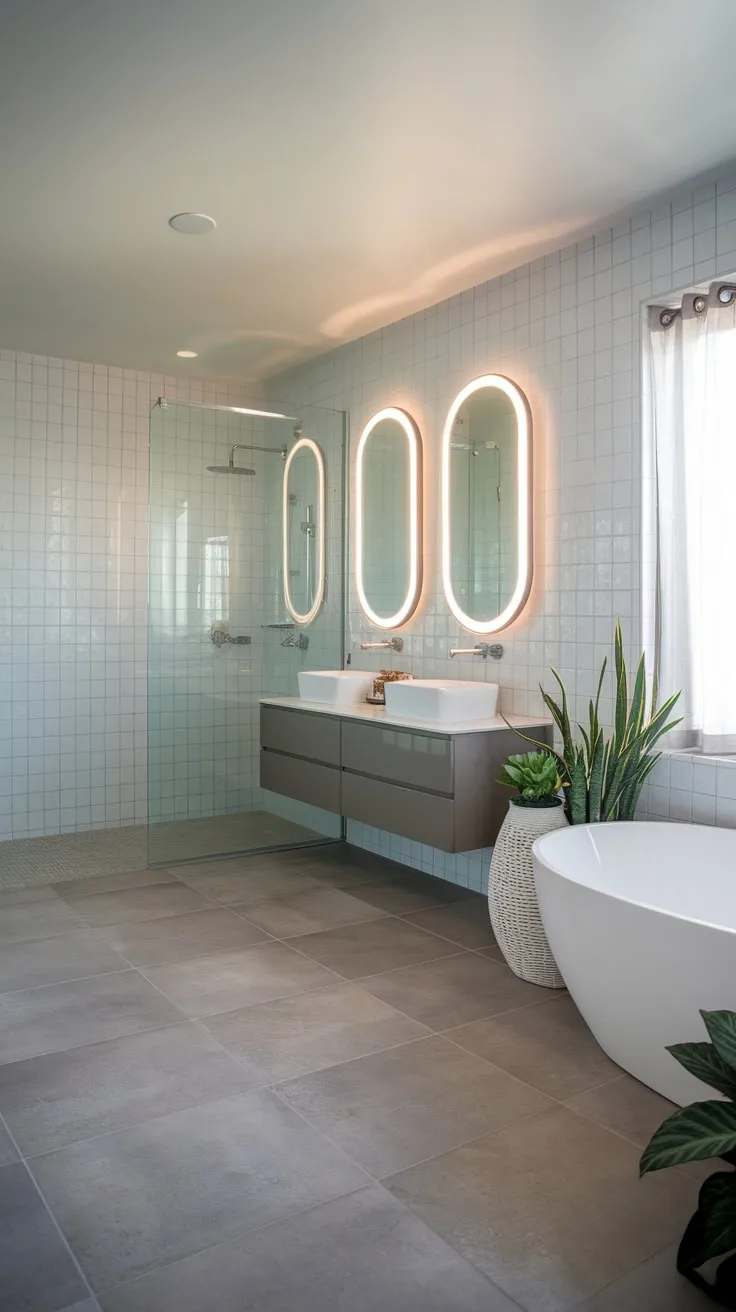 Indulge in a modern luxury bathroom featuring a walk-in shower, freestanding tub, and double vanity, complemented by natural elements and elegant gray and white tile.