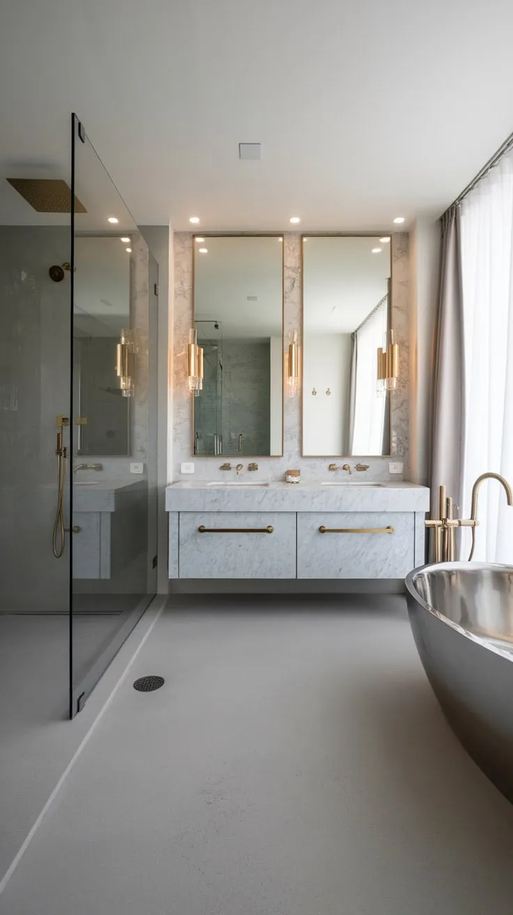A sleek glass and steel walk-in shower and freestanding tub highlight this luxurious modern bathroom, complemented by a marble vanity and elegant gold accents.