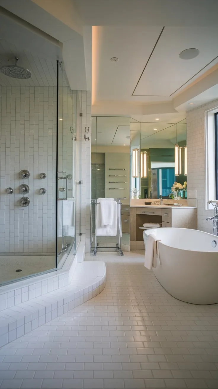 A stylish modern bathroom boasts a pristine white design, a luxurious freestanding tub, and sophisticated fixtures for the ultimate relaxation experience.