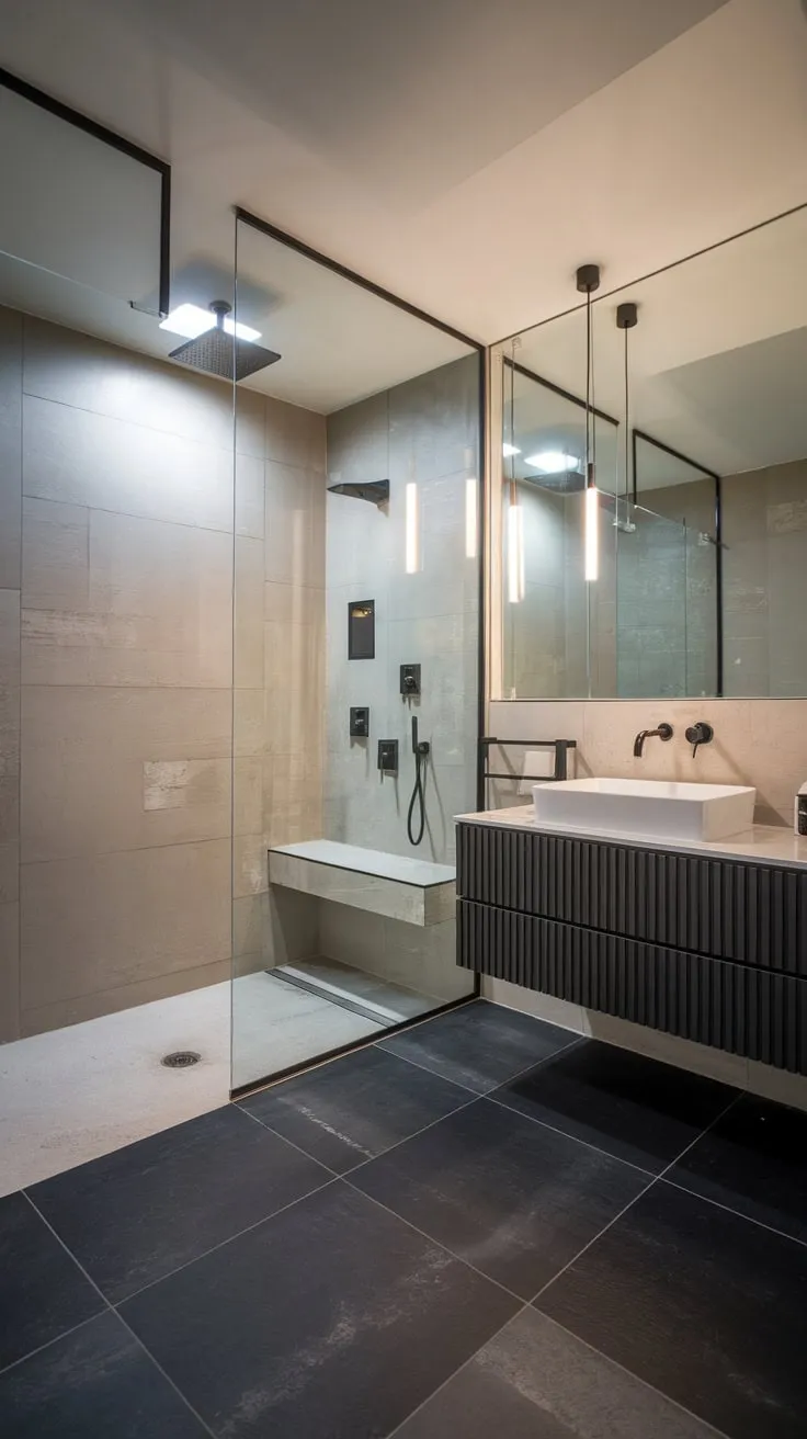Indulge in a sophisticated modern bathroom featuring a multi-jet walk-in shower and sleek dark grey design elements.