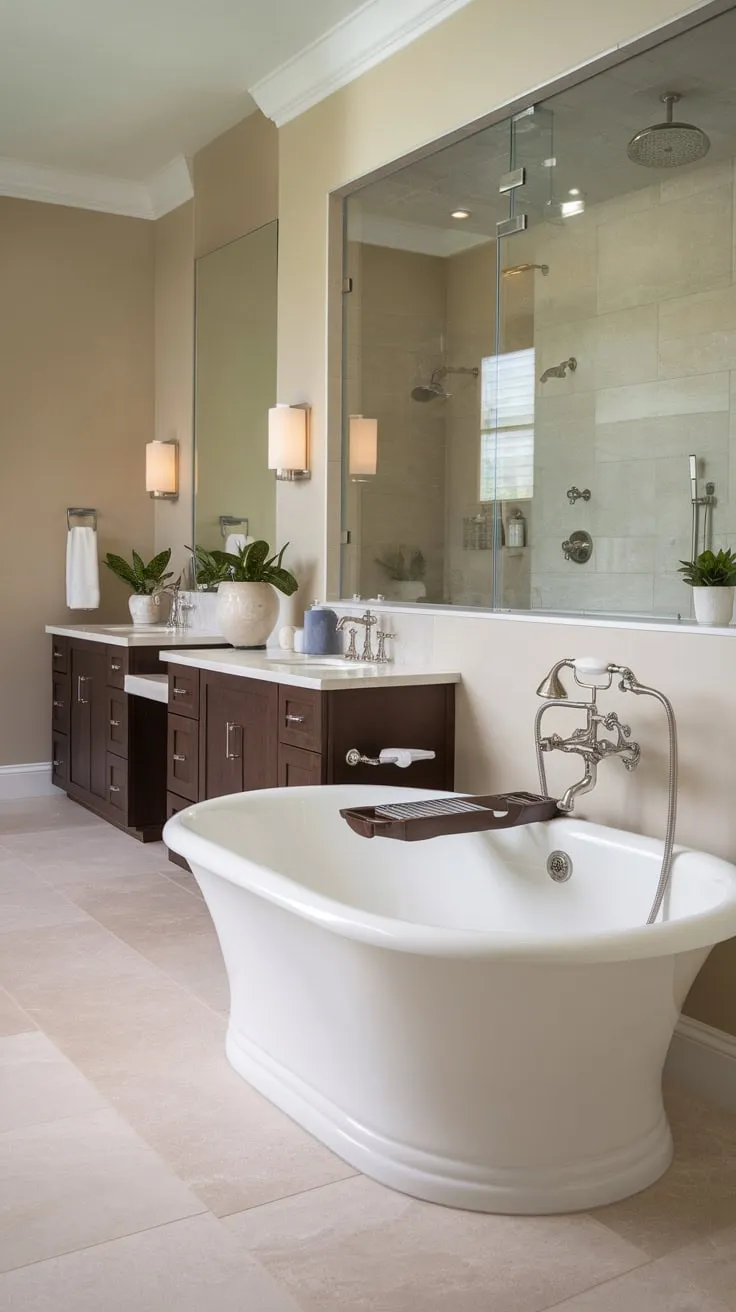 A serene oasis awaits in this modern luxury bathroom, complete with a porcelain soaking tub, dark wood vanities, and a glass-enclosed shower.