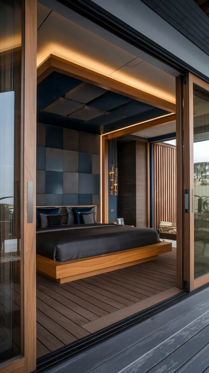 Experience the understated luxury of a modern sanctuary where rich wood tones and deep hues harmonize in a serene, sophisticated retreat.