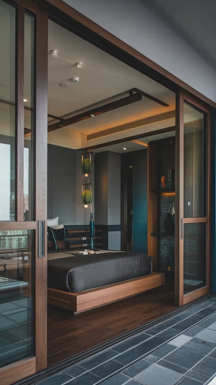 This opulent bedroom harmoniously combines dark wood, rich colors, and sumptuous fabrics, with a low bed that exudes intimate comfort and sophisticated elegance.
