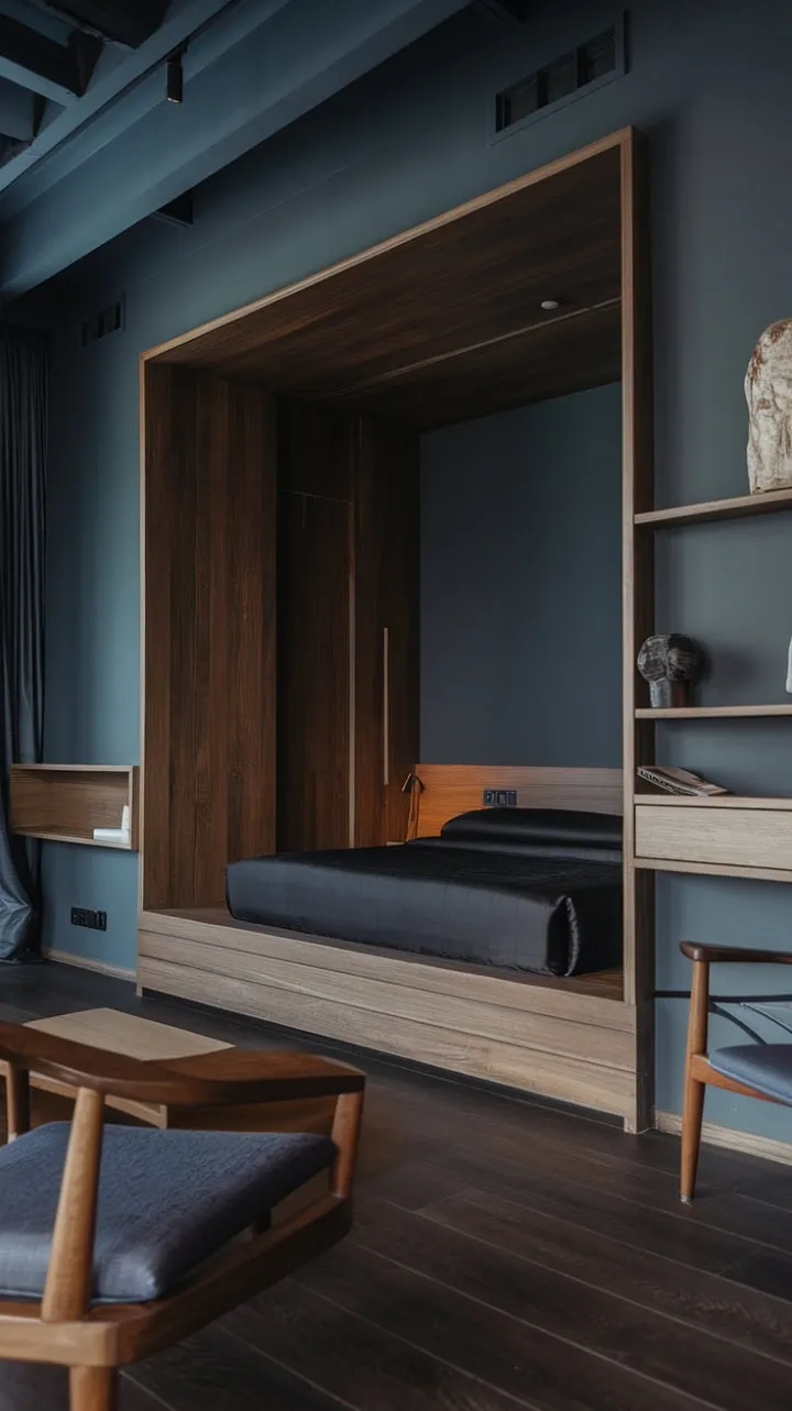 This elegantly minimalist bedroom harmoniously blends dark gray walls, rich wood tones, and deep-hued bedding to create a stylish sanctuary of quiet luxury.