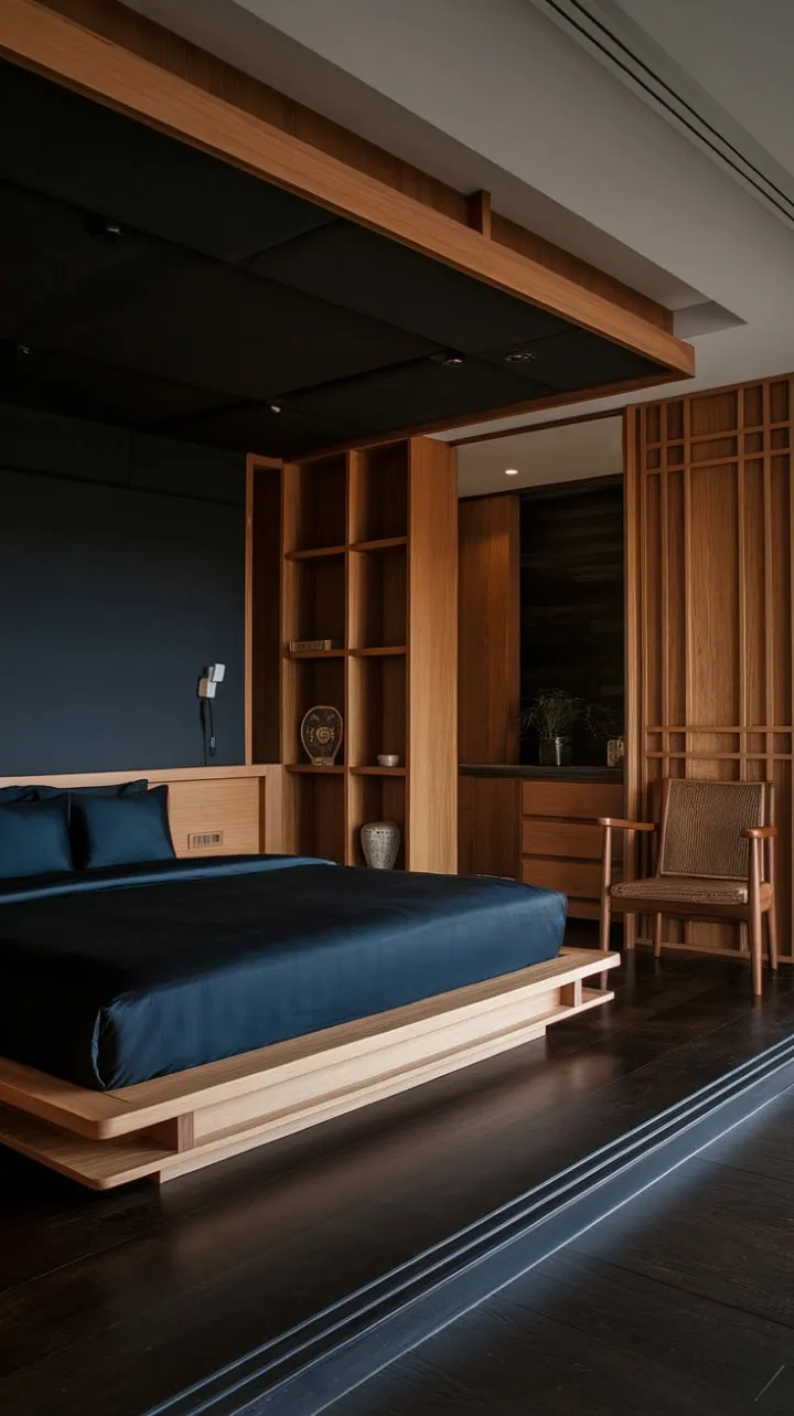 Experience a luxurious escape in this modern sanctuary, where dark wood accents and rich blue bedding harmonize to create a serene haven of calm.