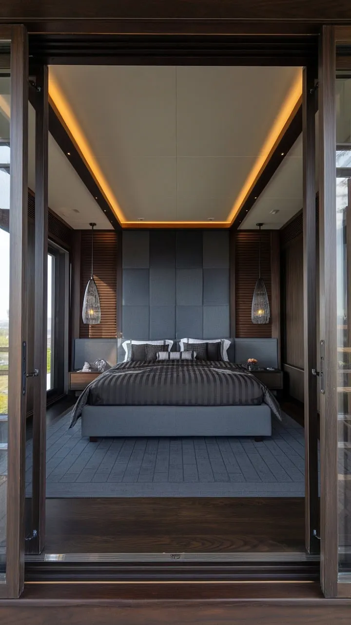 This master bedroom is a sanctuary of refined style, where deep hues and luxurious textures blend modern design with sophisticated comfort.