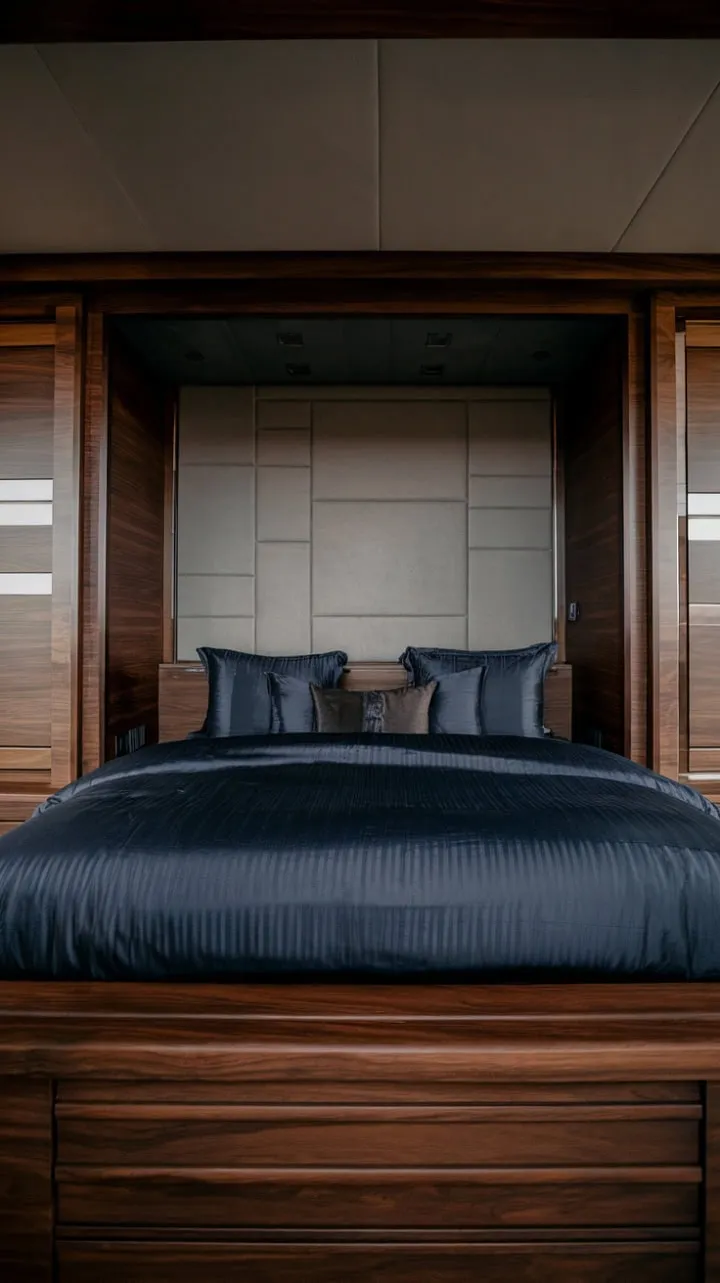 This elegantly designed bedroom harmonizes dark wood and a refined color palette, creating a serene retreat that embodies modern luxury.