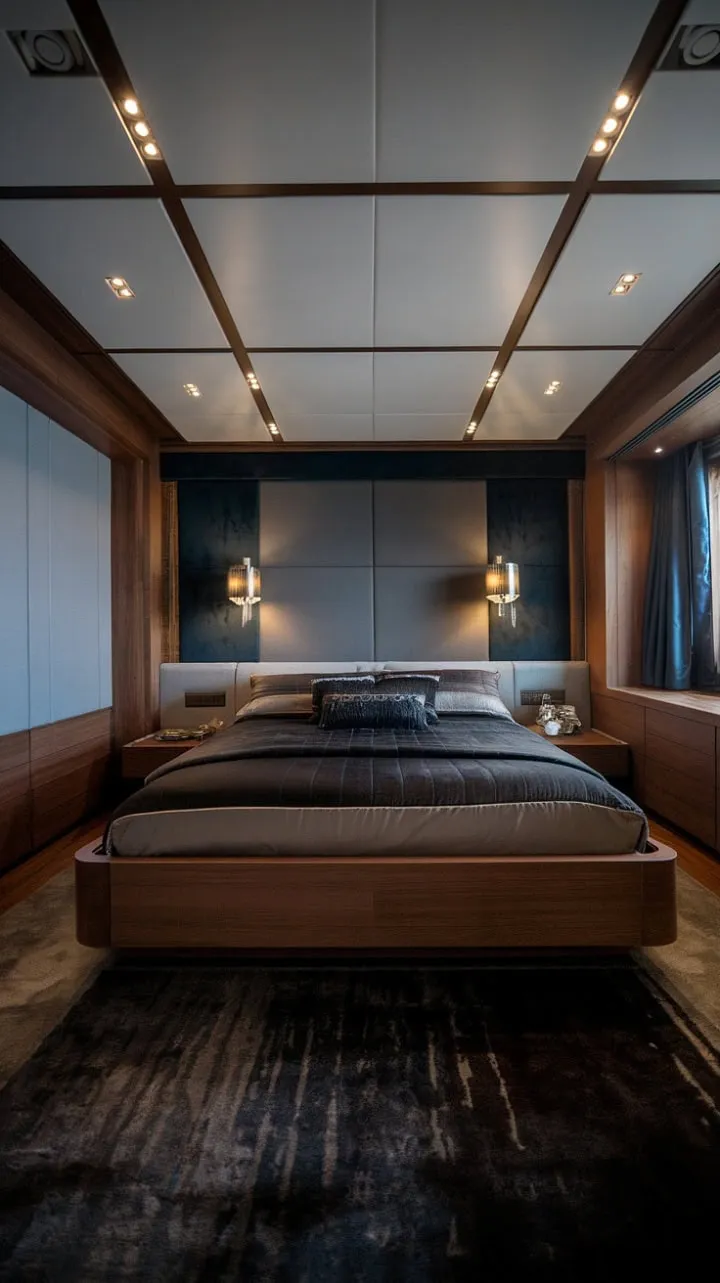 This modern minimalist bedroom, with its rich wood tones and deep hues, offers a captivating retreat of tranquility and sophistication.