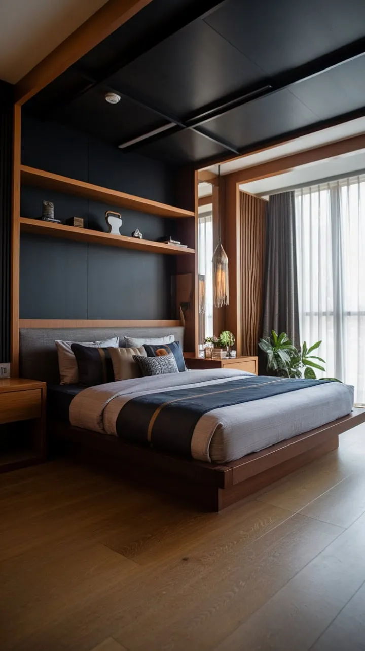 Experience the serene sophistication of this modern sanctuary, where a rich dark wood bed and moody walls create a luxurious retreat.