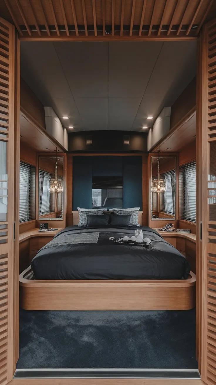 A sophisticated modern bedroom features dark wood accents, a low bed, and a dramatic gray and dark blue color scheme.