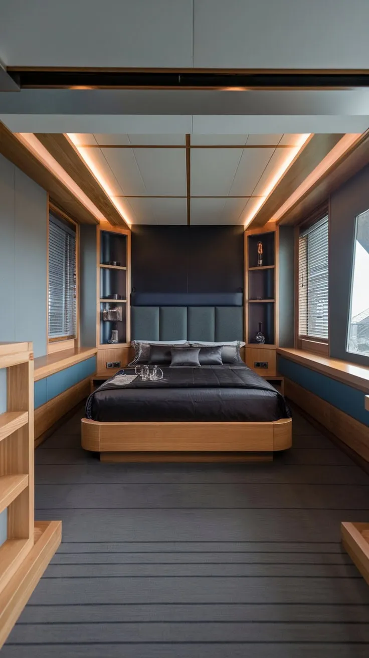 A luxurious modern bedroom features a low bed, dark wood accents, and a calming gray and dark blue palette.