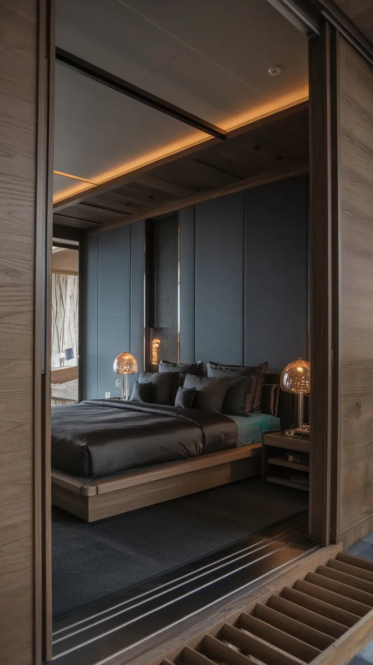 Dark wood and moody hues create a sophisticated, low-profile luxury bedroom within a high-end home