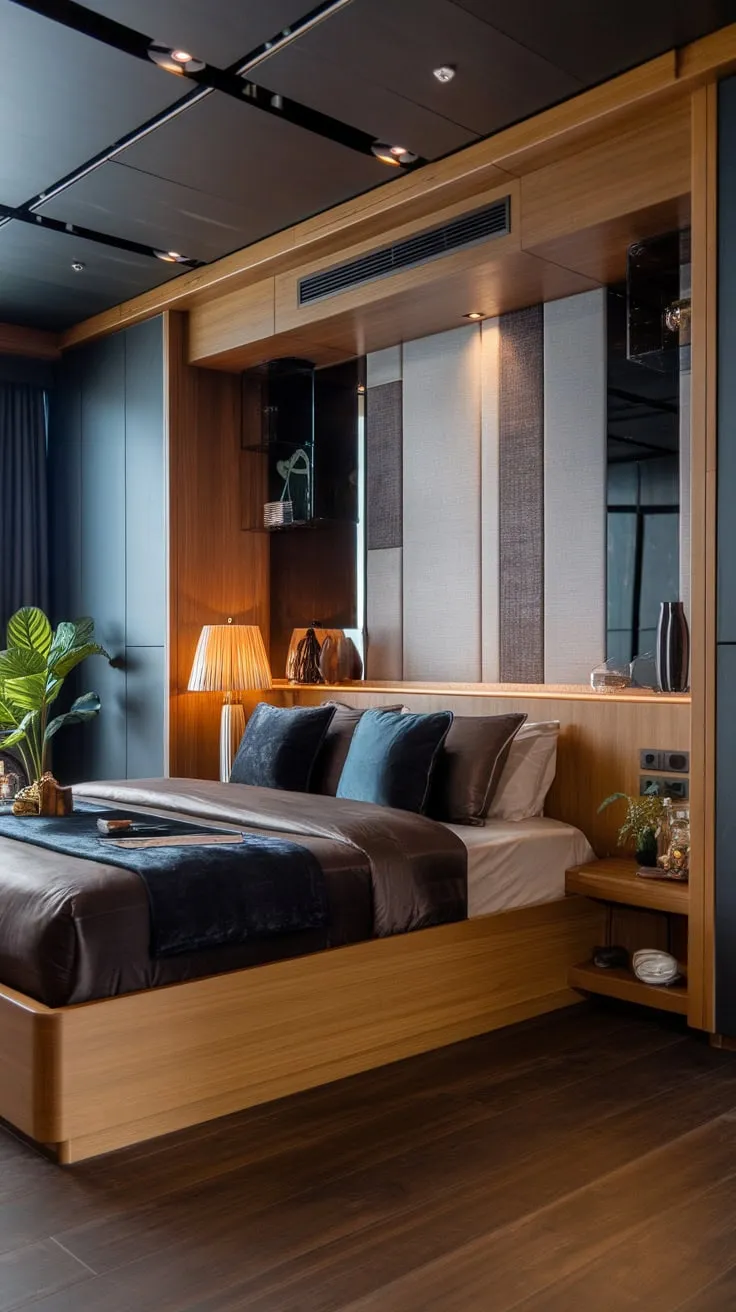 A low-slung bed, dark hues, and rich wood accents define this modern luxury bedroom's sophisticated ambiance