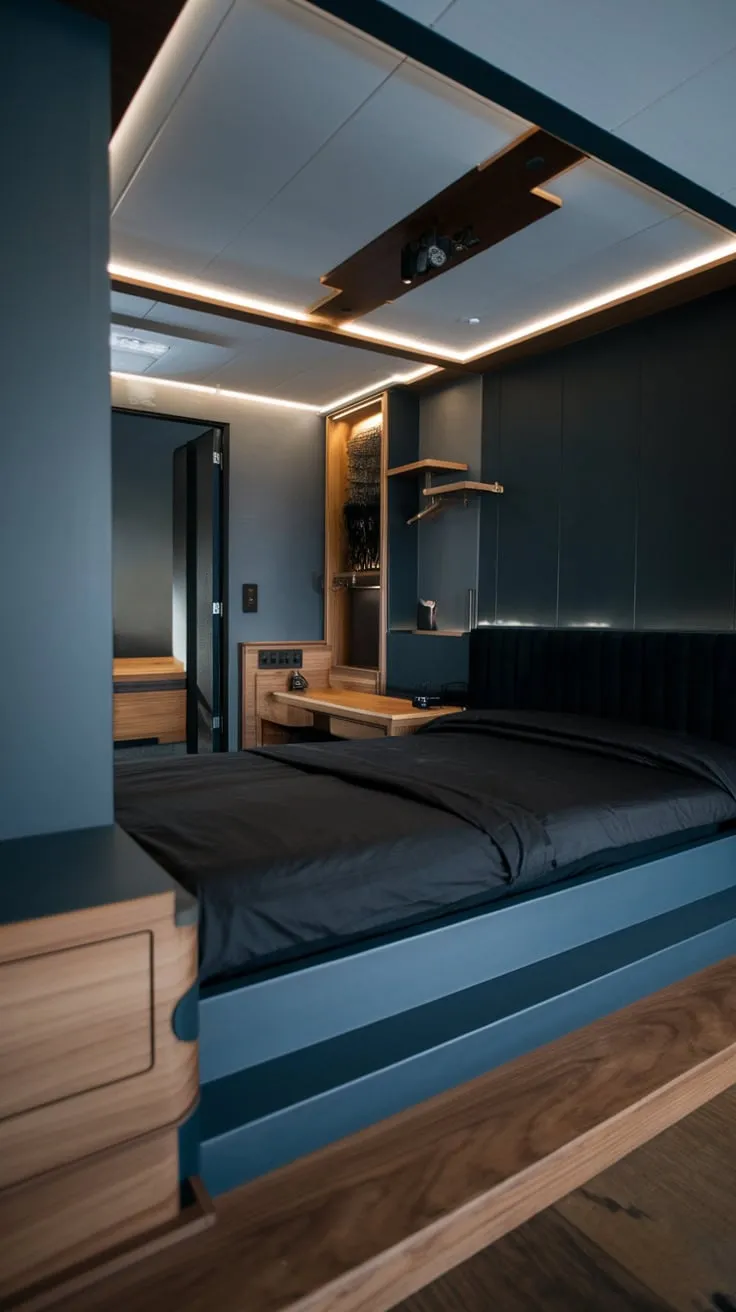 A low-slung bed and dark, wood-rich furnishings create a sophisticated modern luxury bedroom retreat