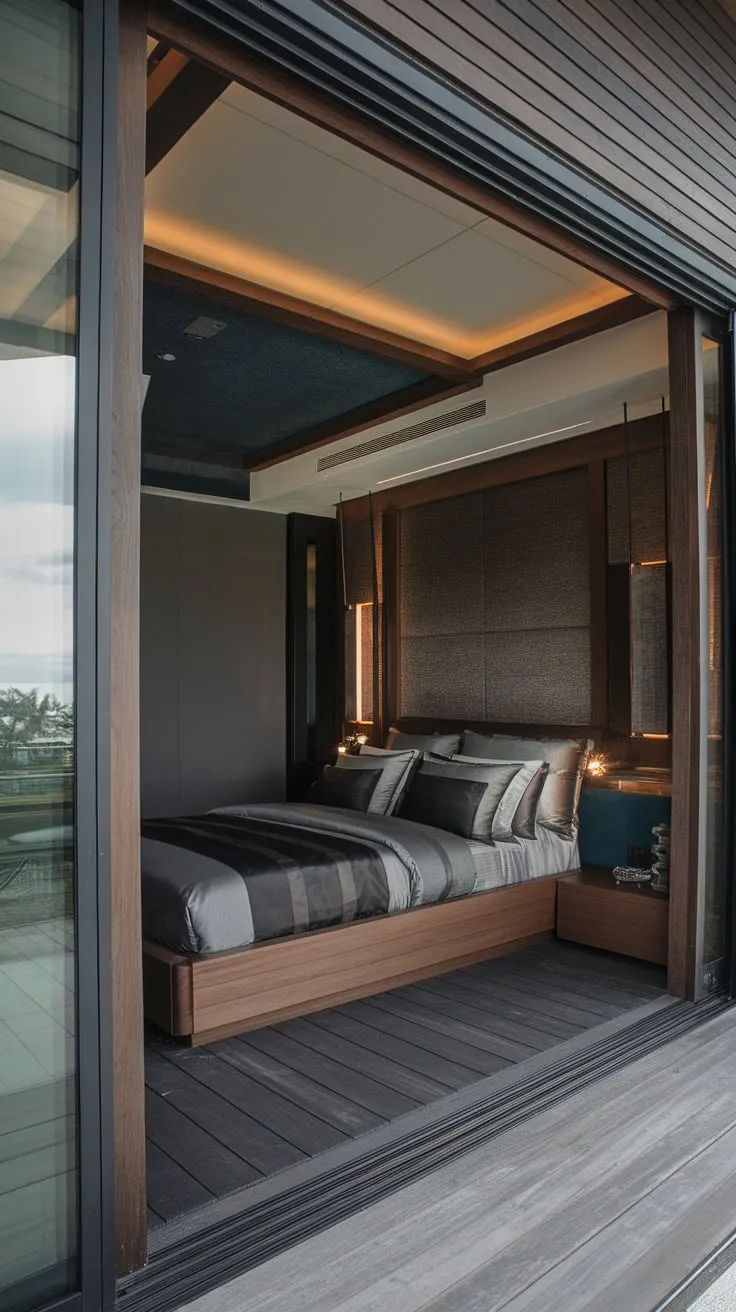 A low-slung bed and dark wood accents define this luxurious modern bedroom's sophisticated gray and dark blue palette