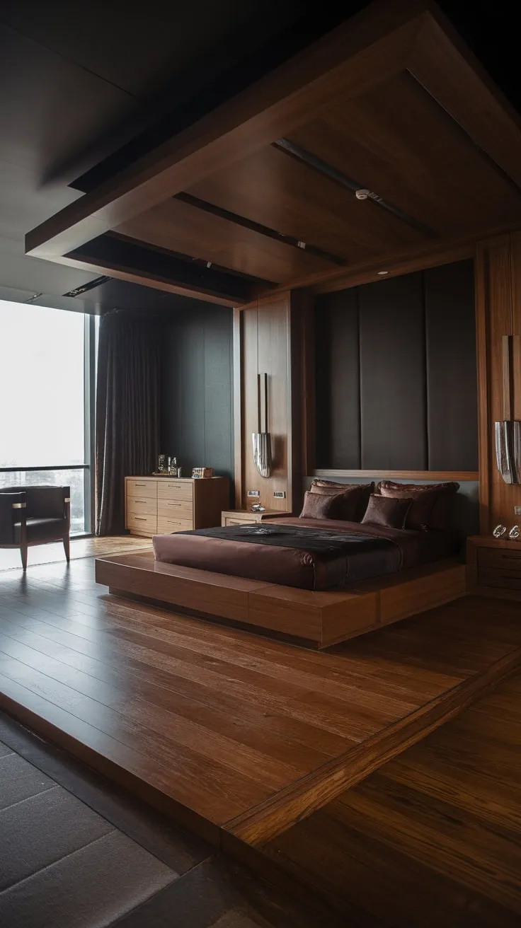 Dark wood, a low bed, and city views create a sophisticated modern luxury bedroom experience