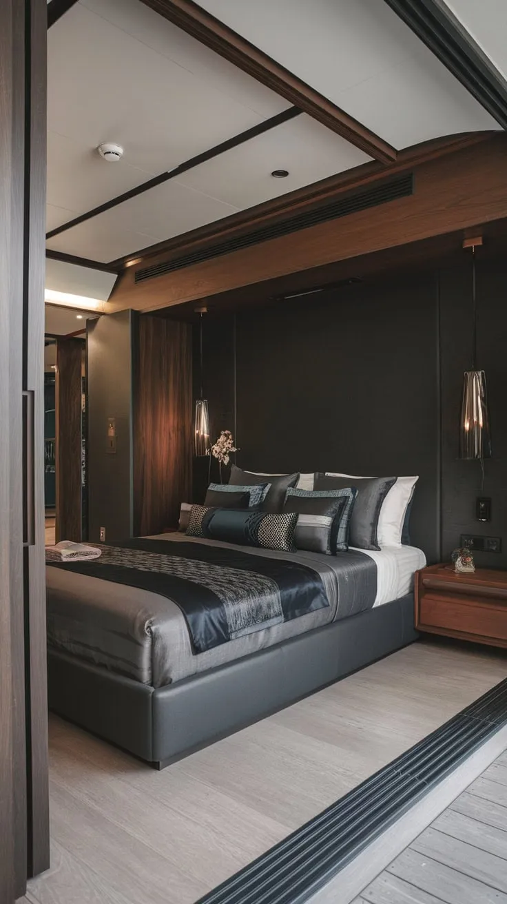 A low-profile bed anchors a luxurious modern bedroom, its dark wood accents contrasting with light flooring and plush bedding.