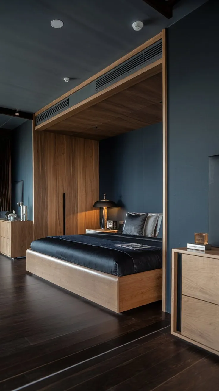 Dark wood and moody hues create a luxurious and intimate atmosphere in this modern bedroom, highlighted by a low-slung bed and stylish wooden accents.
