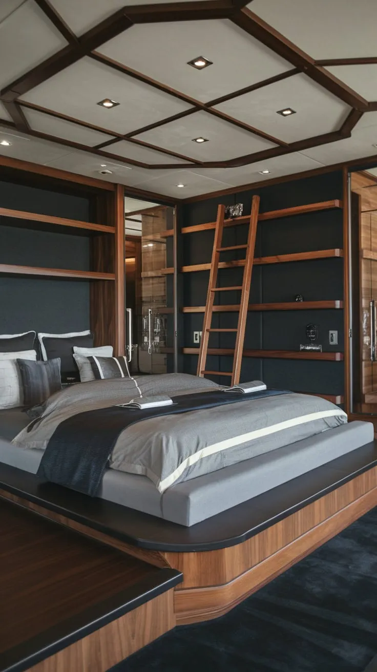 Dark wood, moody blues, and a low platform bed define this modern luxury bedroom's sophisticated style