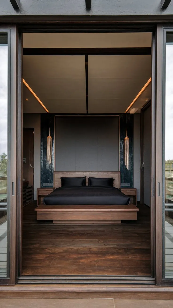 A modern luxury bedroom showcases dark wood accents, a low bed, and a dramatic gray and dark blue color scheme for an opulent feel.