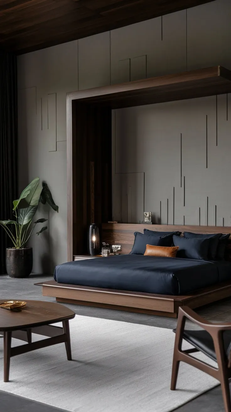 A dark, sophisticated modern luxury bedroom features rich wood accents, plush dark blue bedding, and a minimalist design for ultimate comfort.