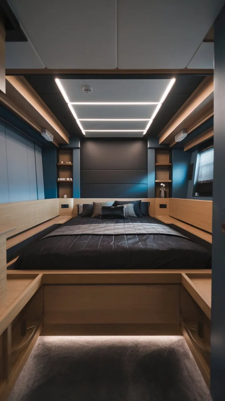 This bedroom masterfully blends a dark, moody palette with warm natural wood, creating a stylish yet serene sanctuary anchored by a low-profile bed.