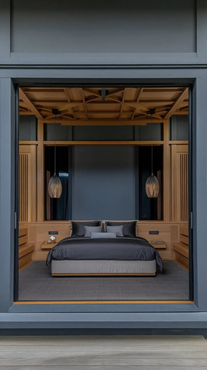 This elegantly crafted bedroom blends moody hues with rich wood accents, creating a luxurious retreat for ultimate relaxation.