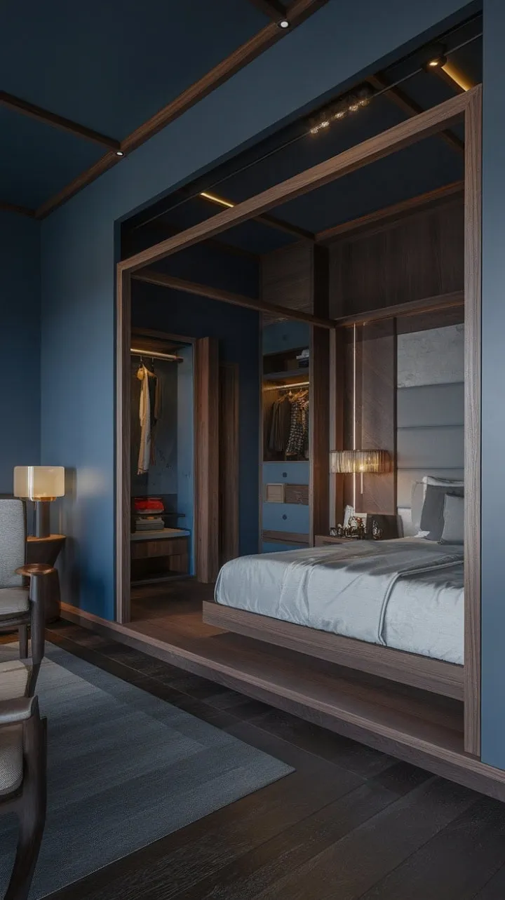 Retreat to this elegantly crafted bedroom, where dark blue tones and warm wood harmonize in a luxurious embrace of modern sophistication.