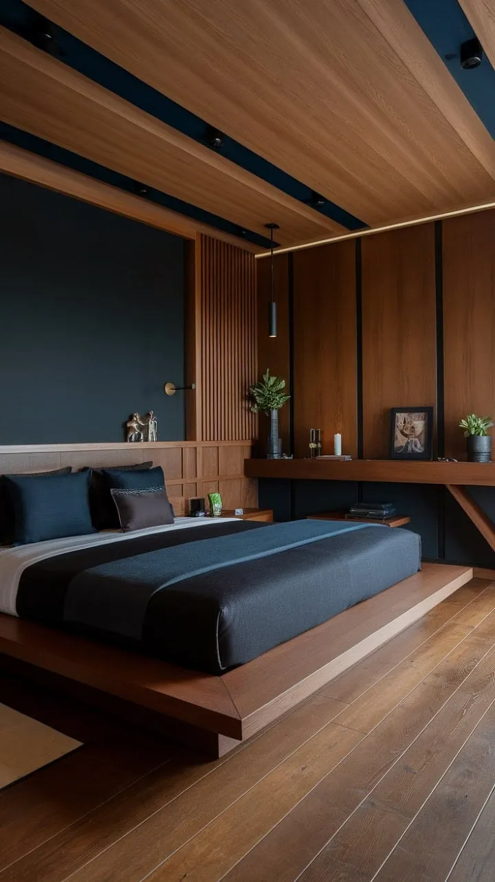Experience tranquil luxury in a modern sanctuary where dark hues and rich wood harmonize minimalist design with ultimate comfort.