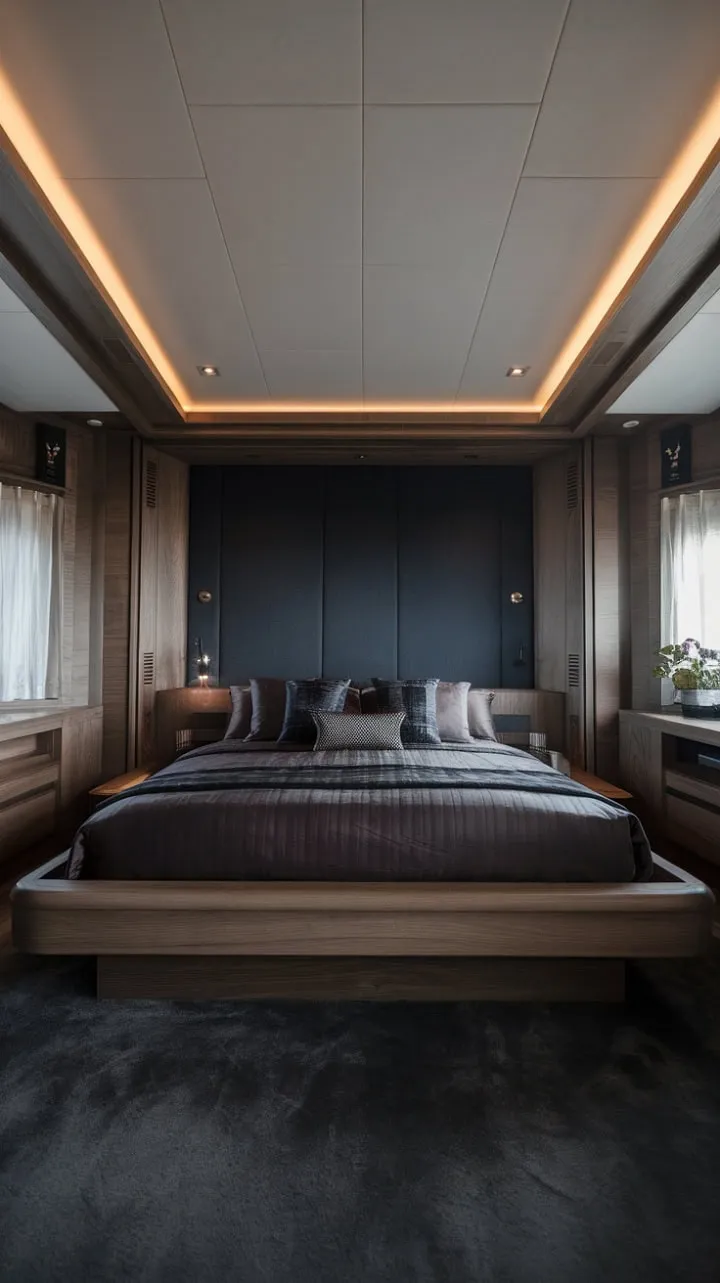 This luxurious bedroom blends dark wood and a muted palette with a low bed design, creating a serene sanctuary of contemporary elegance and quiet sophistication.