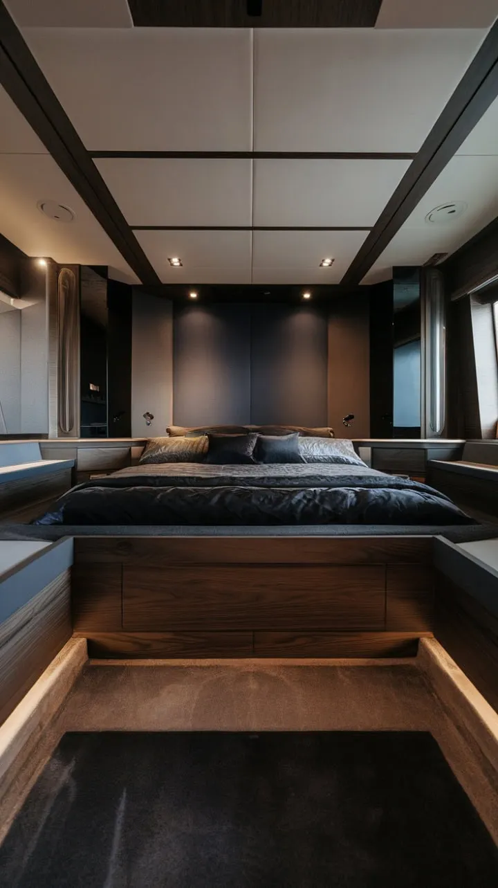 Experience the tranquil elegance of a modern sanctuary, where dark wood accents and soothing hues invite restful slumber and rejuvenation.
