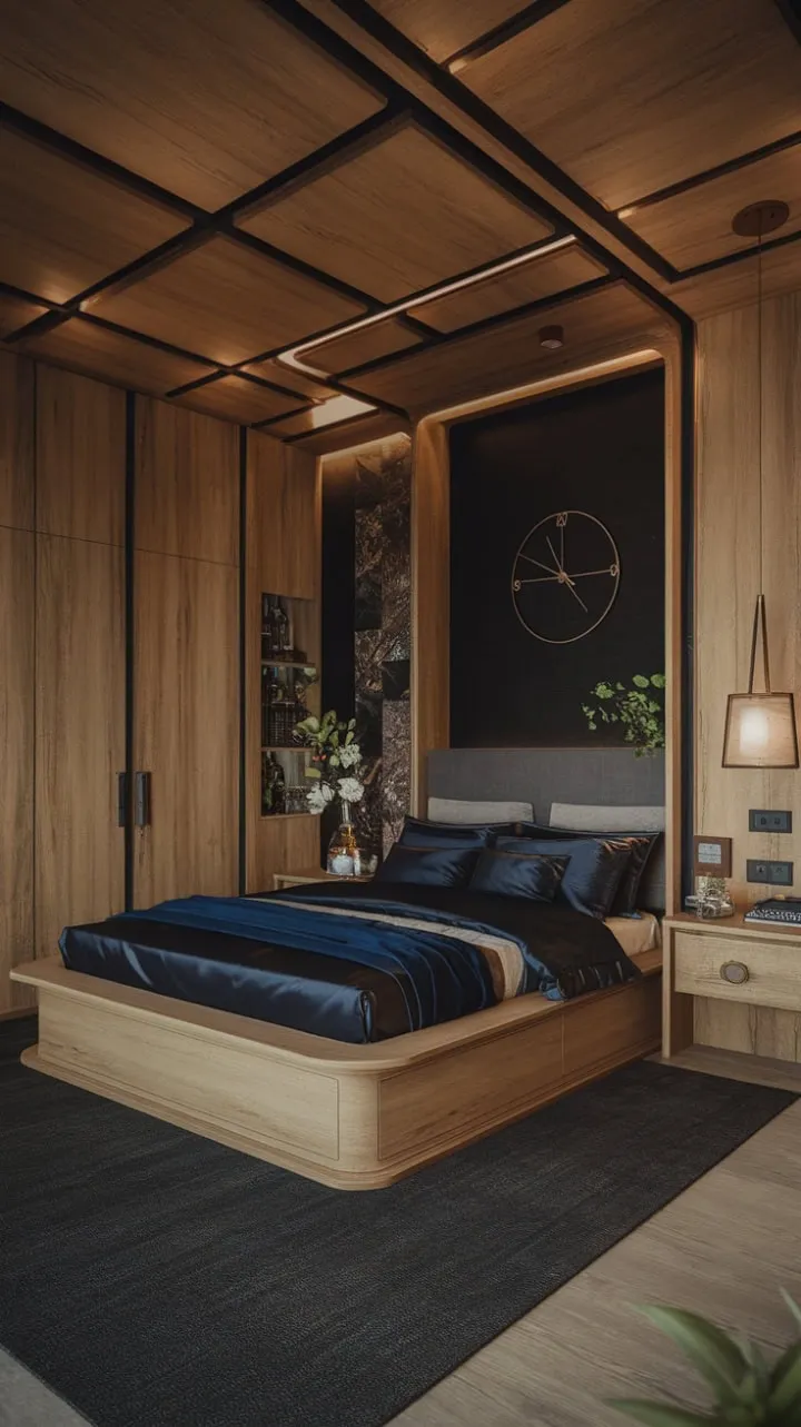 Experience a tranquil retreat where rich wood tones and deep blues harmonize in a luxurious modern sanctuary.