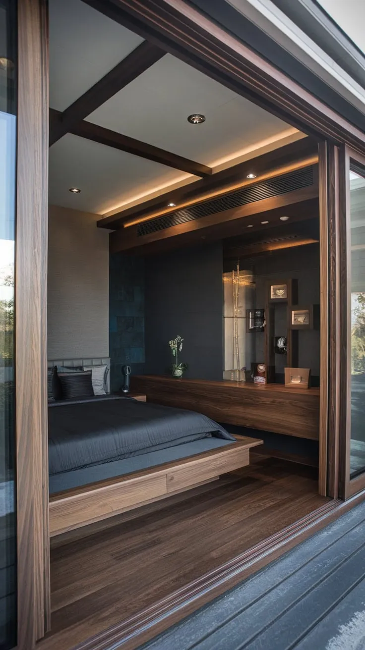 A luxurious modern bedroom features dark wood, a low bed, and a moody color scheme for an opulent retreat.