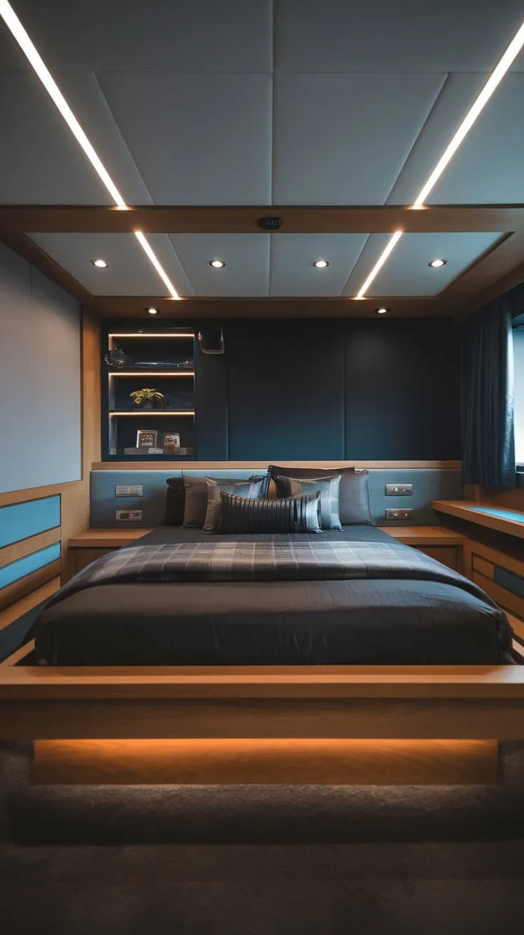 A low-slung bed and dark, moody tones create a sophisticated modern luxury bedroom accented by rich wood details.