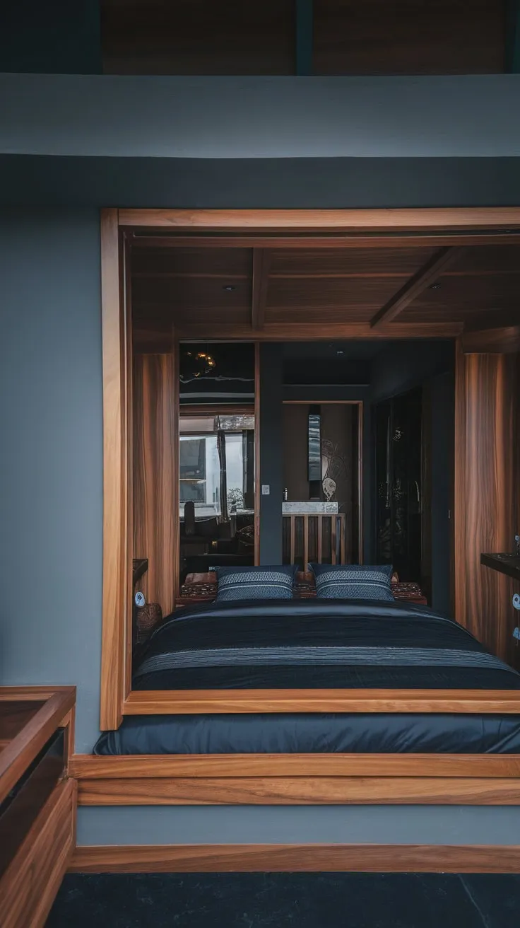 A luxurious modern bedroom features dark wood accents, deep-toned bedding, and a sleek low bed design against a dramatic backdrop.