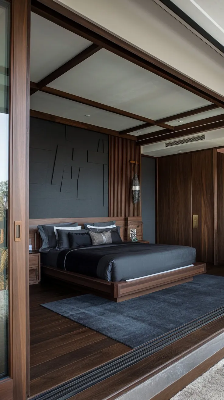 A low-slung bed and dark wood accents define this modern luxury bedroom's sophisticated gray and dark blue palette