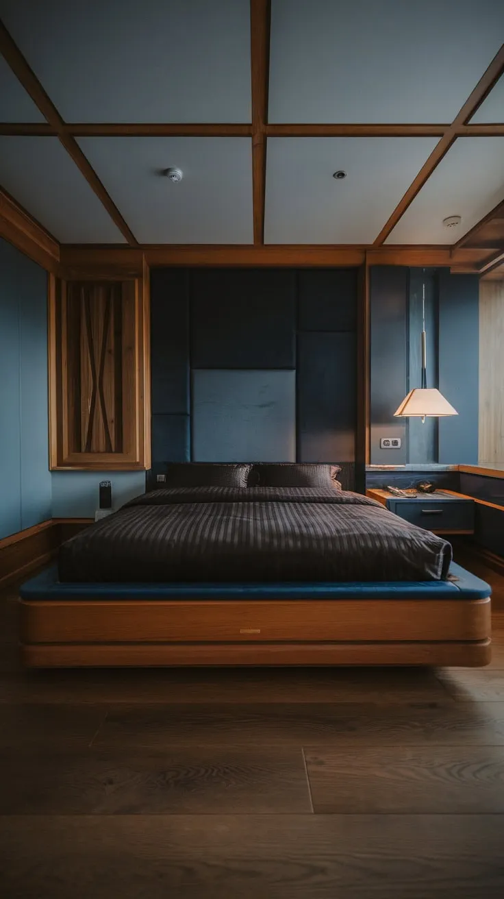 A low-slung bed and dark wood accents define this sophisticated modern luxury bedroom's gray and dark blue palette