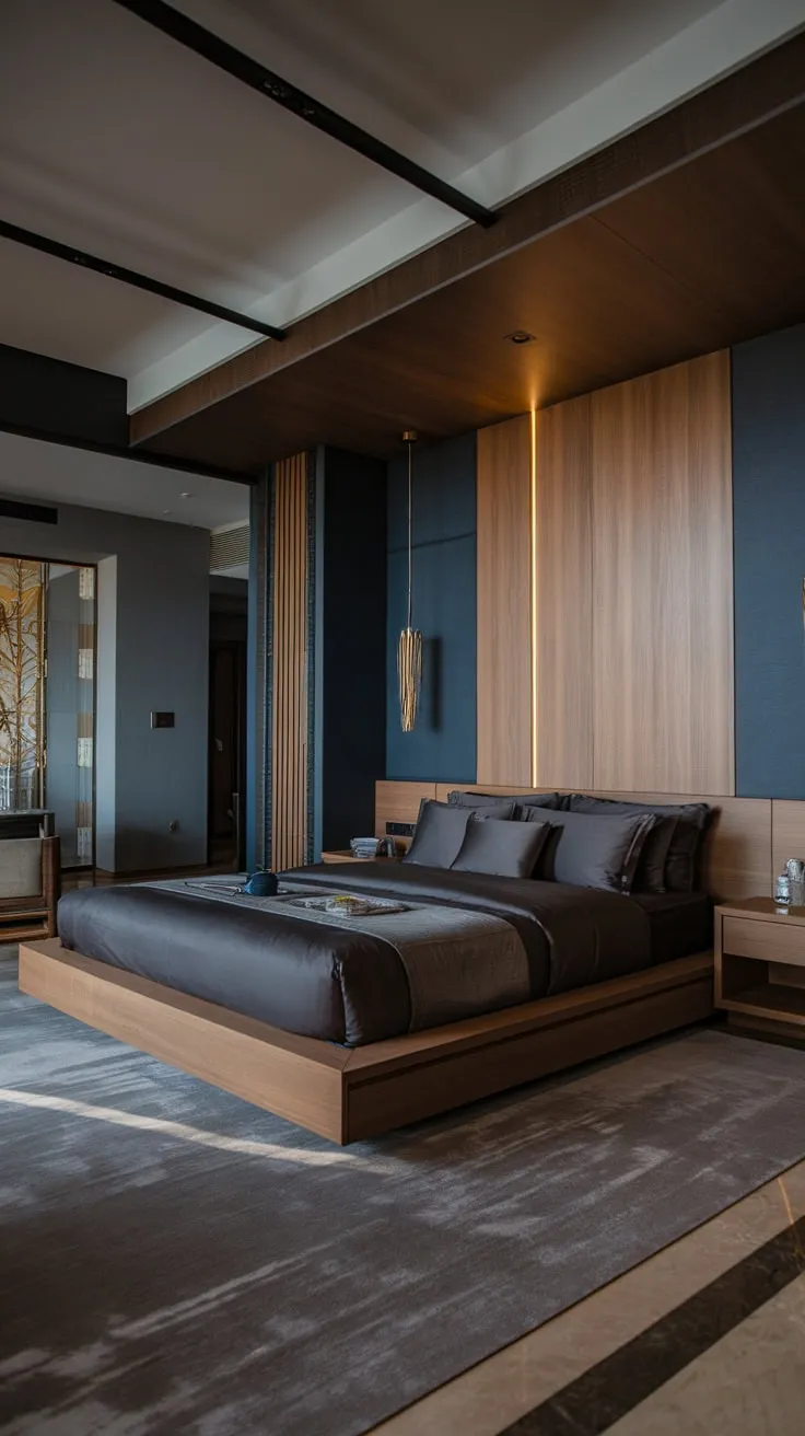 A luxurious modern bedroom features dark walls, rich wood elements, and a low bed for a sophisticated and intimate atmosphere.