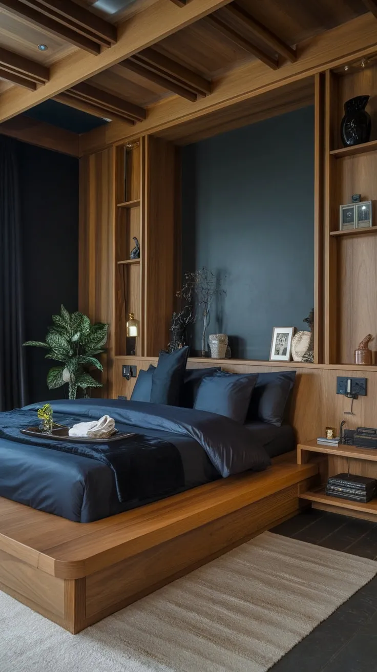 A calming modern luxury bedroom boasts dark blue linens, wooden details, and a muted color palette for an effortlessly elegant retreat.