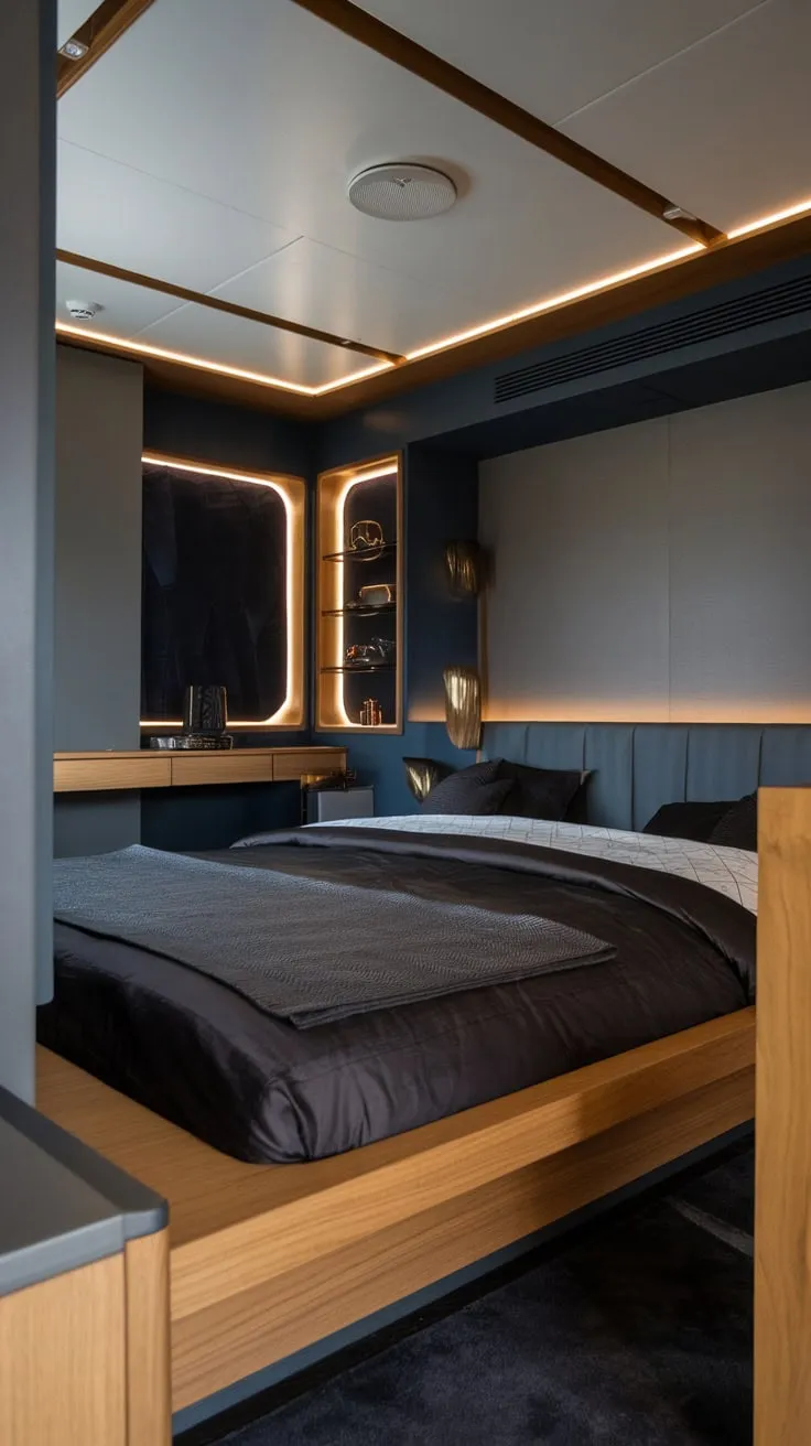 Dark wood accents and a low-slung bed create a sophisticated, modern luxury bedroom in a moody gray and blue palette