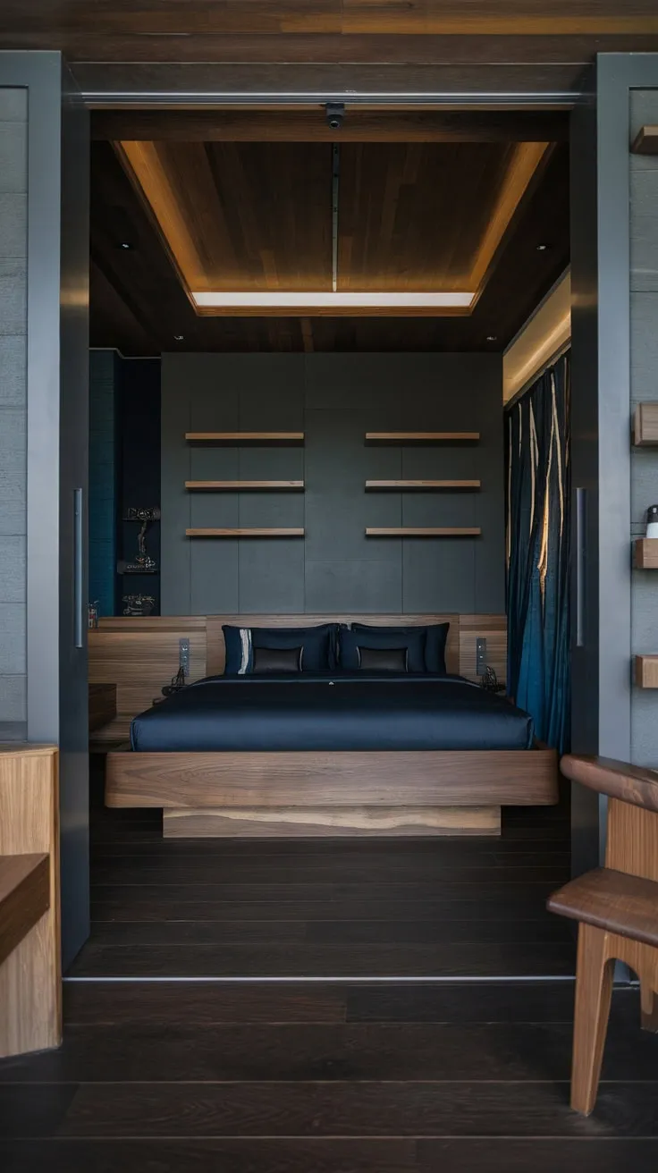 Dark wood and moody blues create a sophisticated, low-profile luxury bedroom retreat