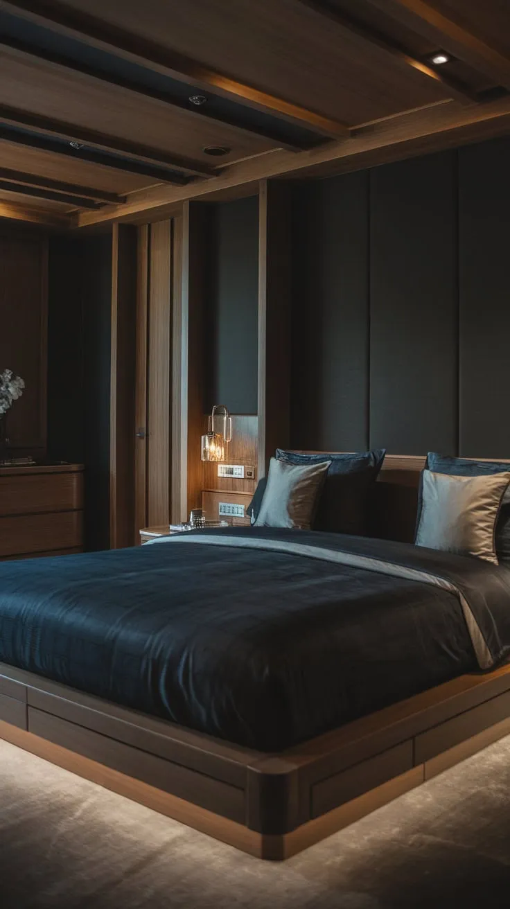A minimalist luxury bedroom features dark wood accents, moody walls, and plush dark blue bedding for a refined atmosphere.