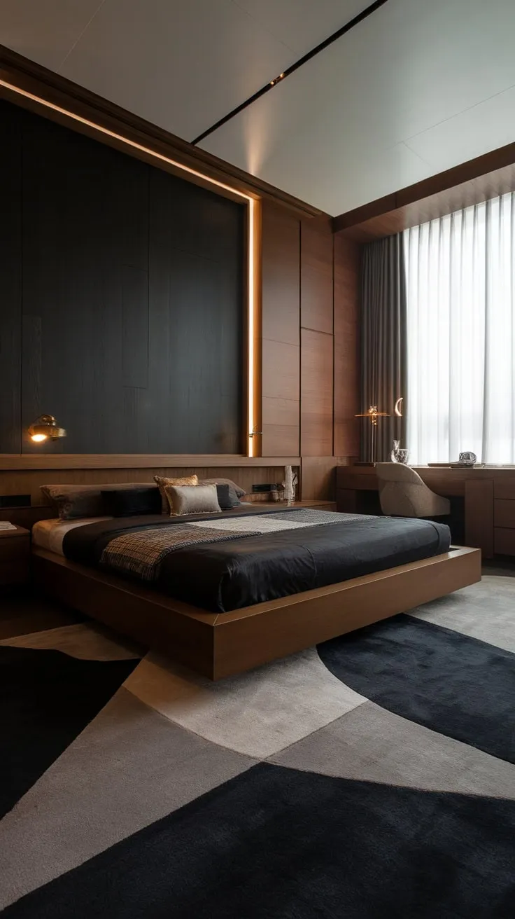 A low-slung bed, dark hues, and rich wood accents create a sophisticated modern luxury bedroom sanctuary.