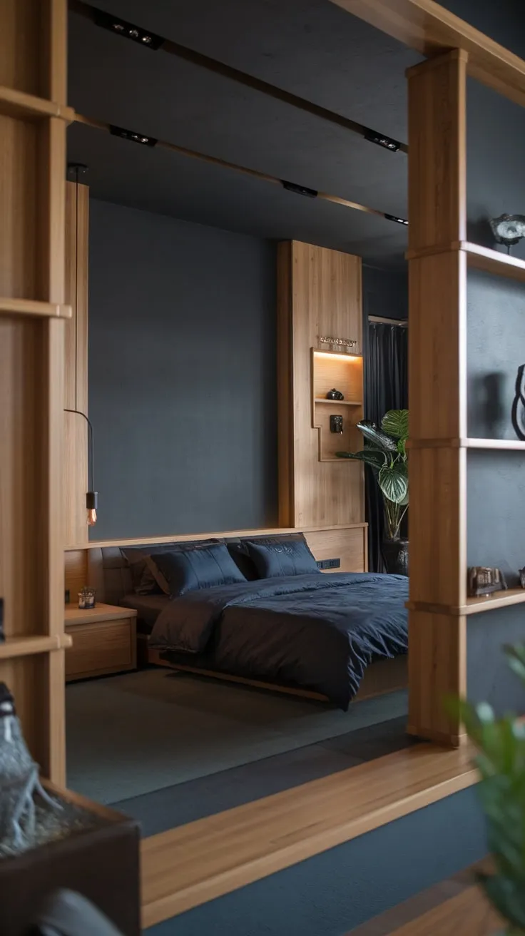 A modern luxury bedroom's dark gray walls and rich wood accents create a serene sanctuary, highlighted by a low-slung bed and soft lighting.