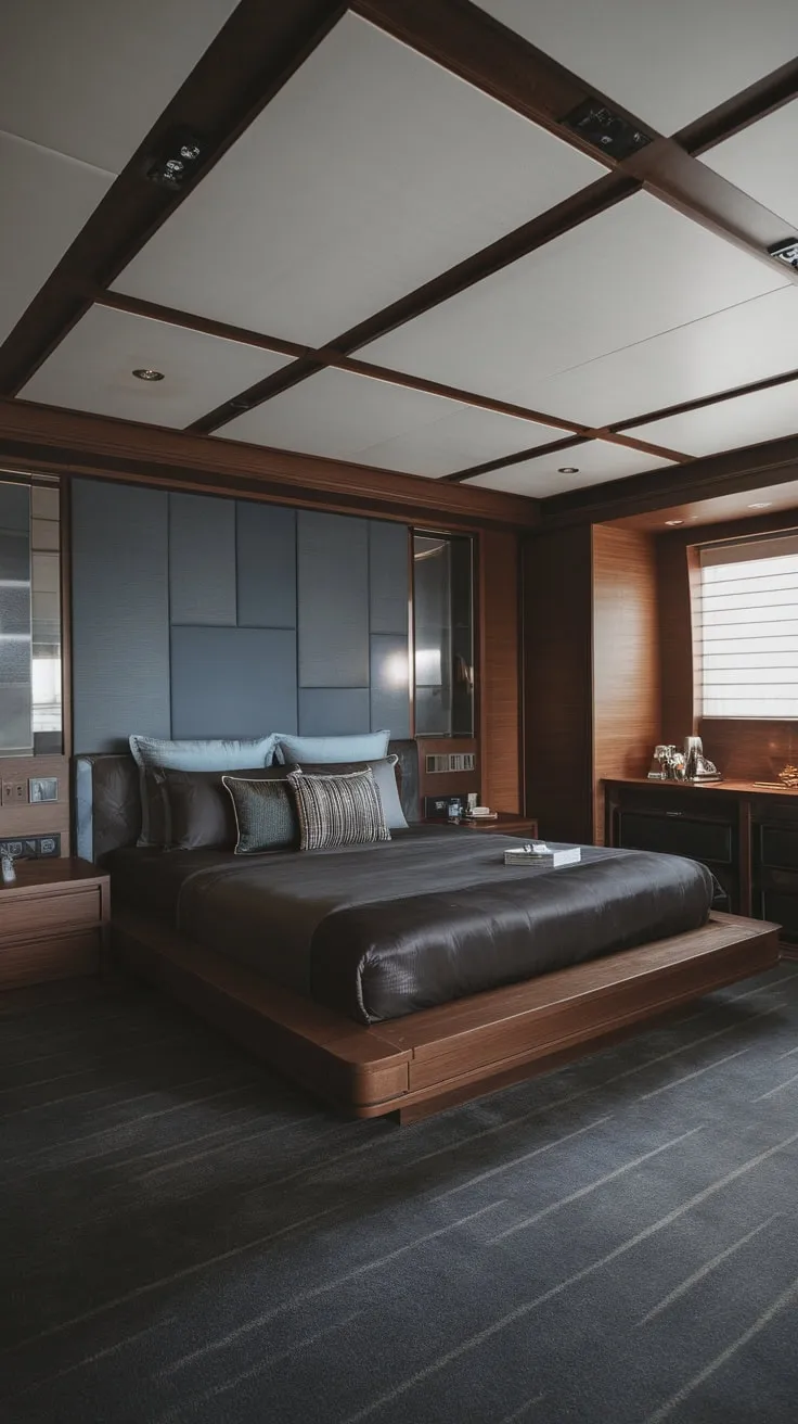 Dark wood, moody tones, and minimalist design create a haven of modern luxury in this bedroom.